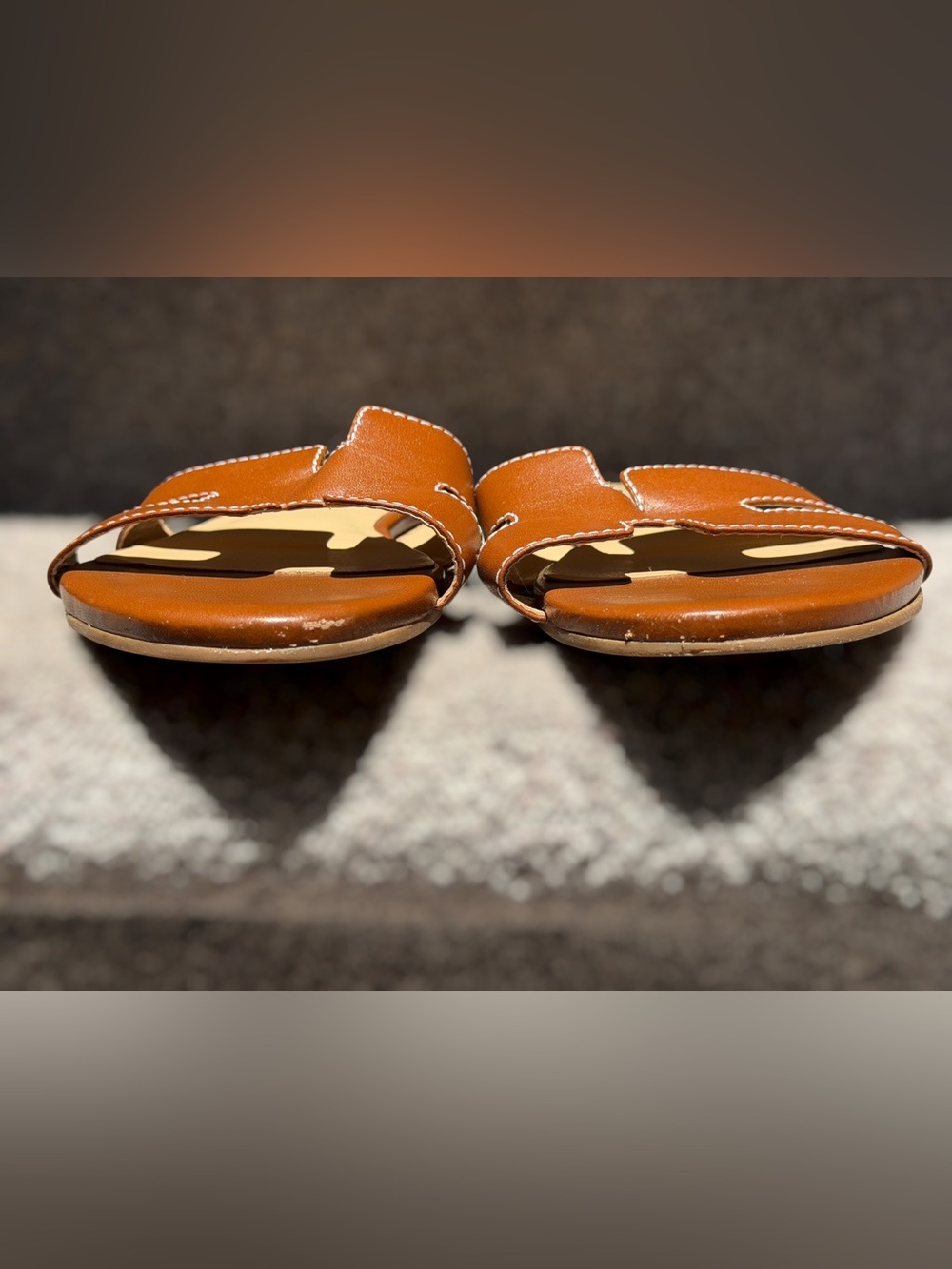 French Sole Alibi Leather Slide Sandals Cognac H Cutout Beach Summer Vacation - Picture 3 of 8